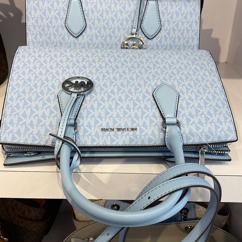 MICHAEL KORS Sheila Medium Logo CZ Satchel Crossbody Bag 
Light Sky
NWT - Picture 6 of 16